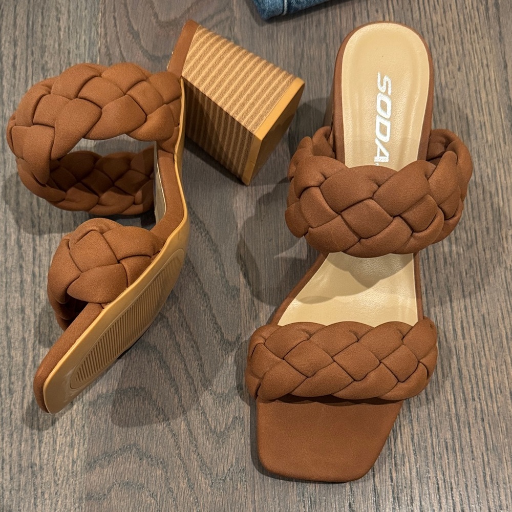 Soda Women's Tan Braided Block Heel Sandals